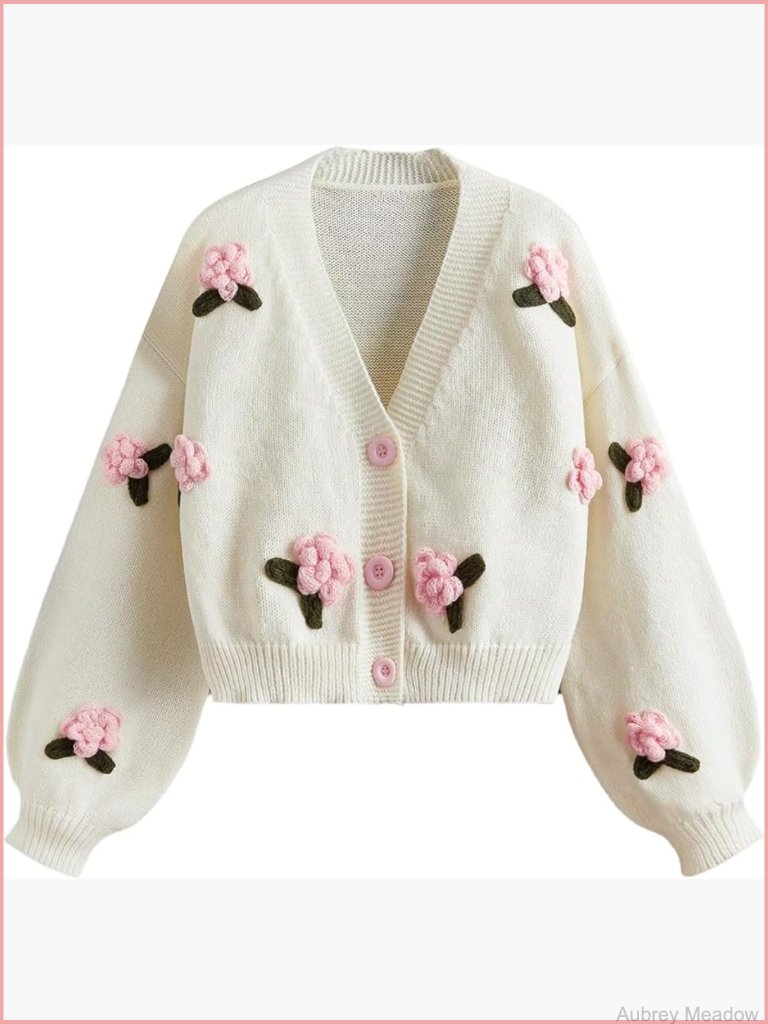 Long Sleeve V-Neck Button Up Cardigan Sweater Floral Knit Open Front